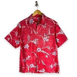 Vintage Hawaiian Button Up Camp Shirt, Faded Red Floral, Size Medium